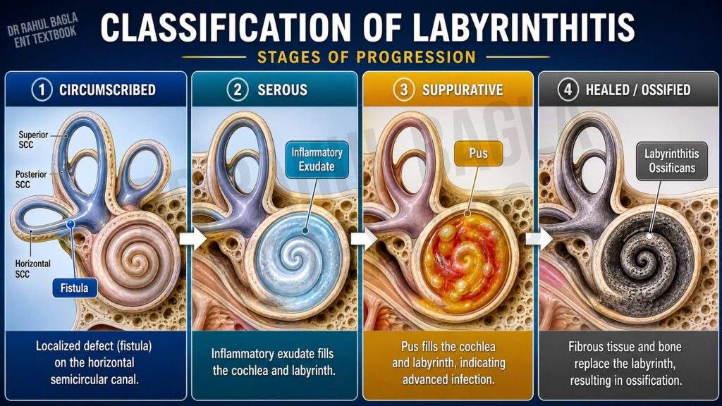Labyrinthitis classification circumscribed, diffuse serous, diffuse suppurative, healed labyrinth