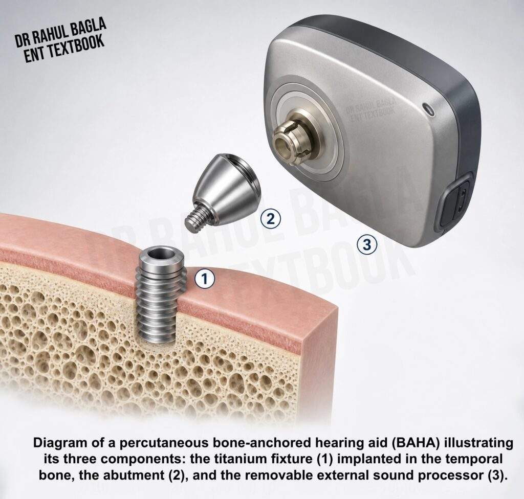 BAHA illustrating its three components_ the titanium fixture (1) implanted in the temporal bone