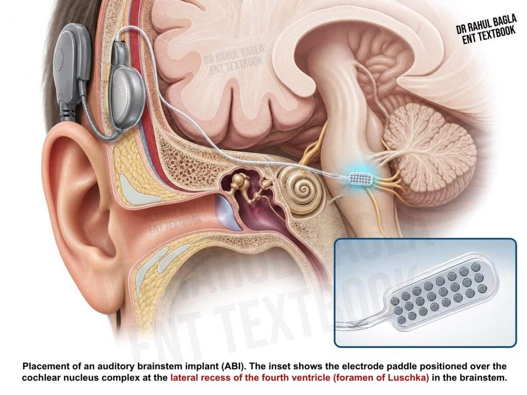 Placement of an auditory brainstem implant (ABI). Cross-sectional illustration of the head showing the external sound processor, implanted receiver-stimulator, and electrode lead terminating as a paddle array positioned over the dorsal cochlear nucleus complex at the lateral recess of the fourth ventricle (foramen of Luschka) on the dorsolateral surface of the brainstem. The inset provides a magnified view of the ABI electrode paddle.