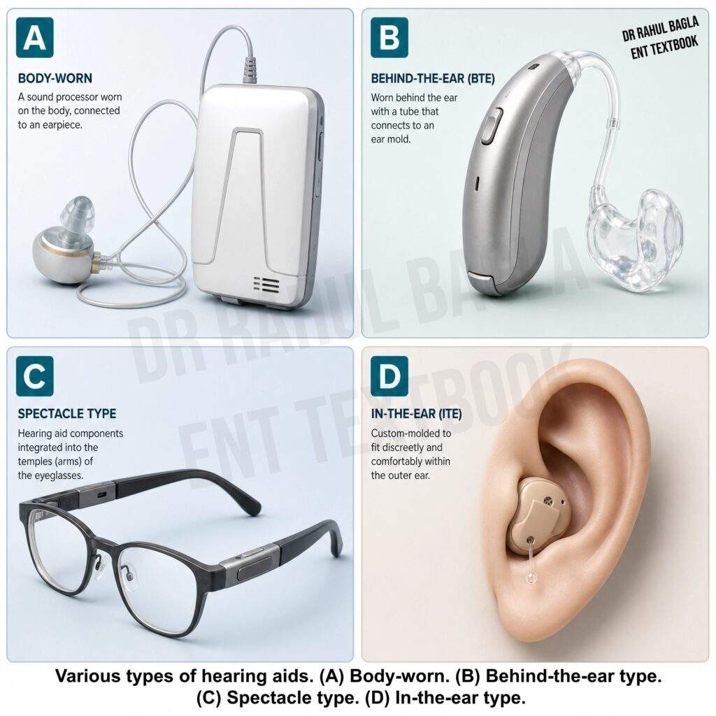 Various types of hearing aids Body-worn. Behind-the-ear type. Spectacle type. In-the Canal Dr Rahul