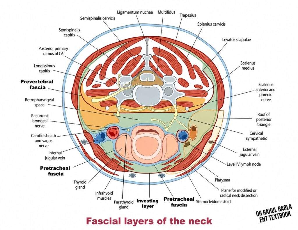 Fascial layers of the neck diagram showing superficial and deep cervical fascia, pretracheal, prevertebral, alar and carotid spaces