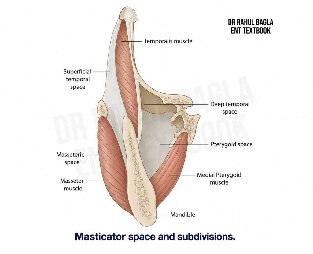 Masticator space and its subdivisions showing the superficial and deep temporal spaces, pterygoid space, masseteric space, temporalis, masseter, medial pterygoid, and mandible.