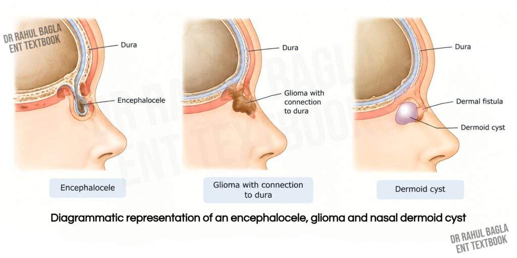 Diagrammatic representation of an encephalocele, glioma and nasal dermoid cyst